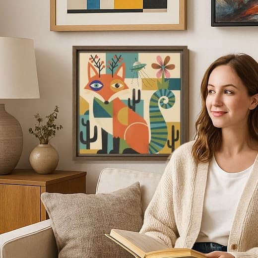 The framed canvas print hanging in a living room